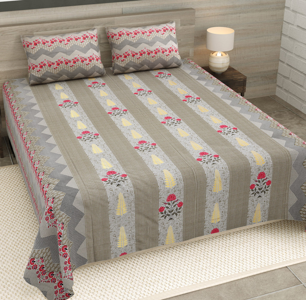 Grey Floral Jaipuri Print 100% Pure Cotton 240 TC King Size BEDSHEET with 2 Pillow Cover - 90X108