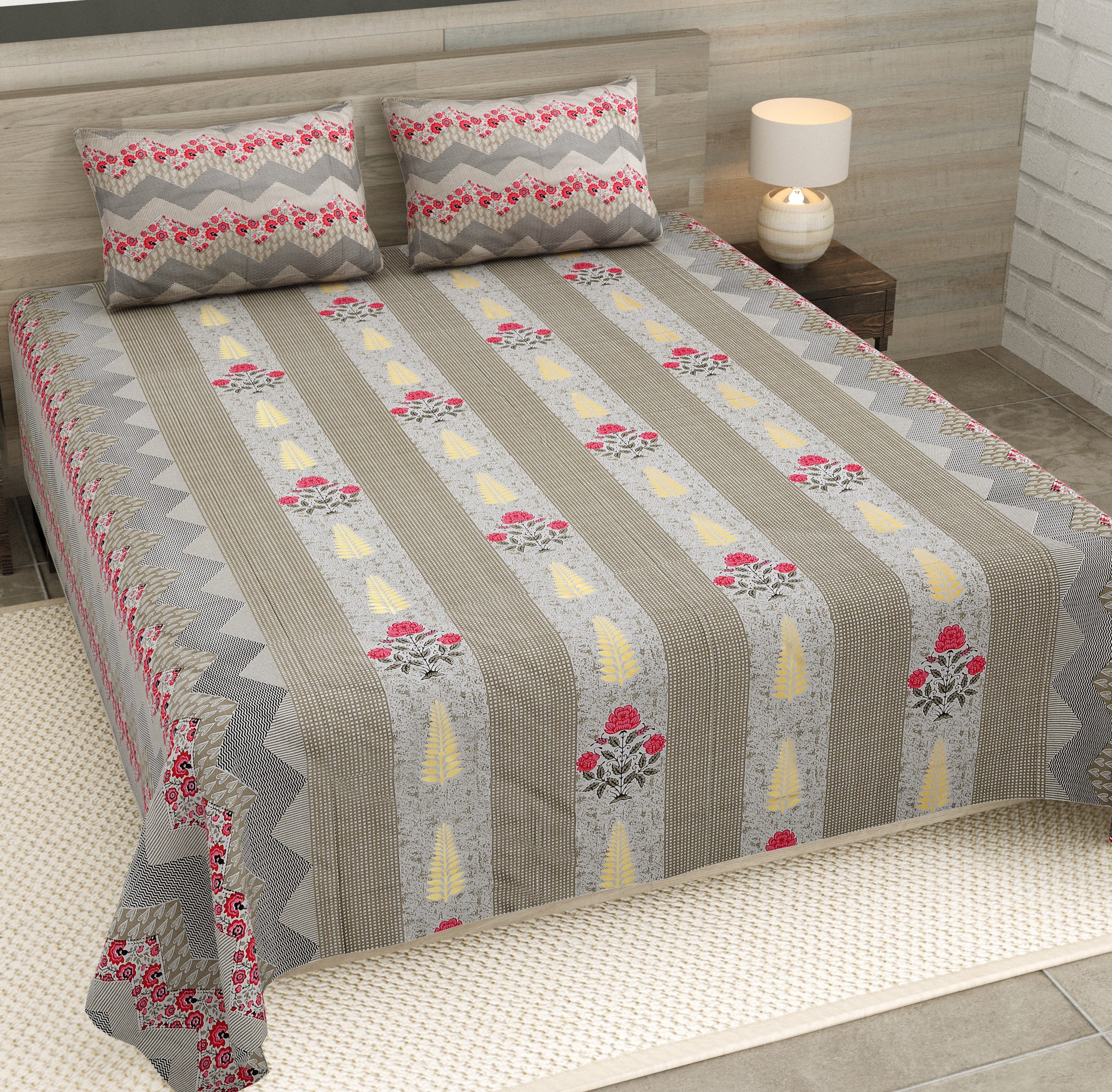 Grey Floral Jaipuri Print 100% Pure Cotton 240 TC King Size BEDSHEET with 2 Pillow Cover - 90X108