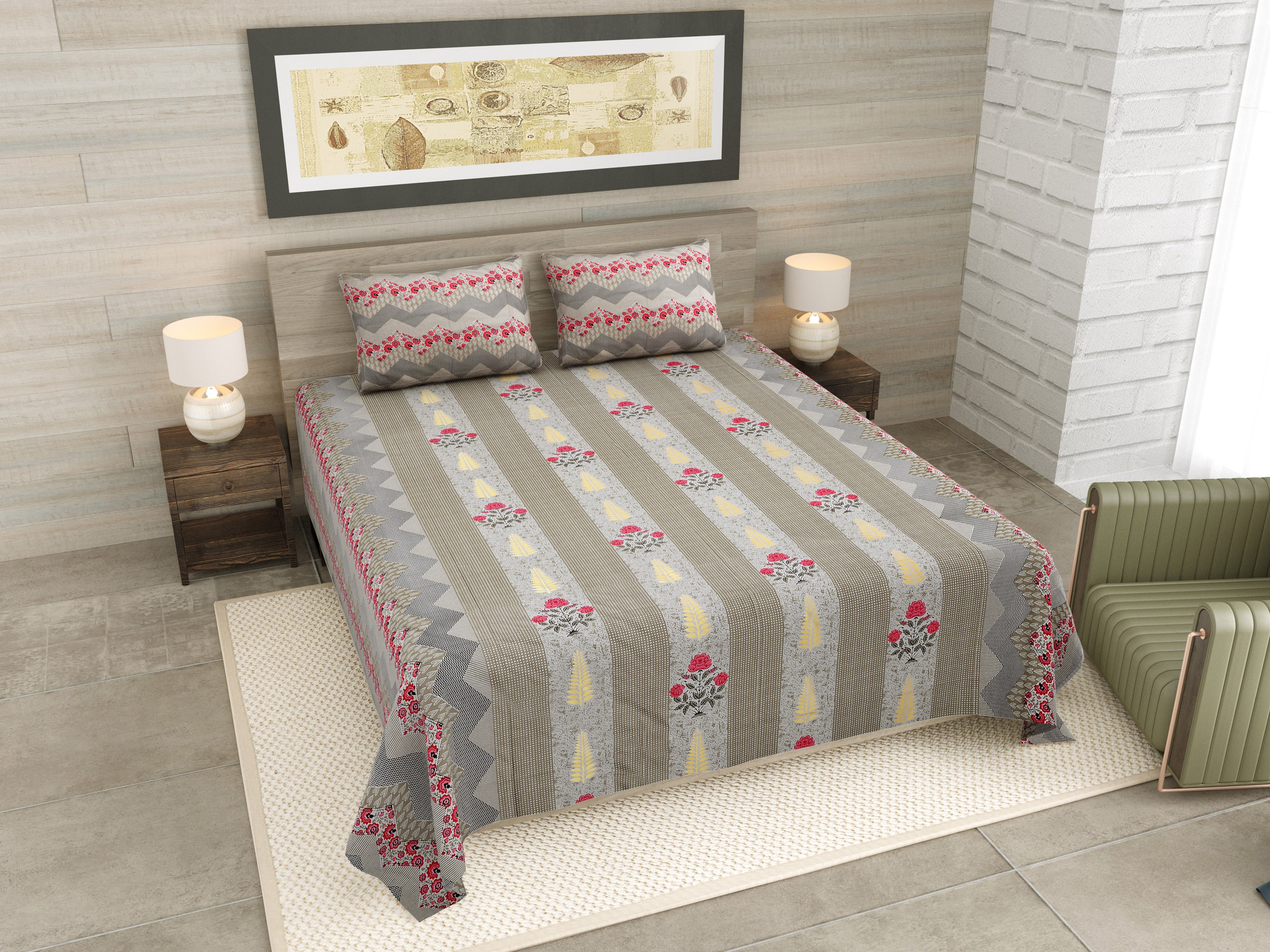 Grey Floral Jaipuri Print 100% Pure Cotton 240 TC King Size BEDSHEET with 2 Pillow Cover - 90X108