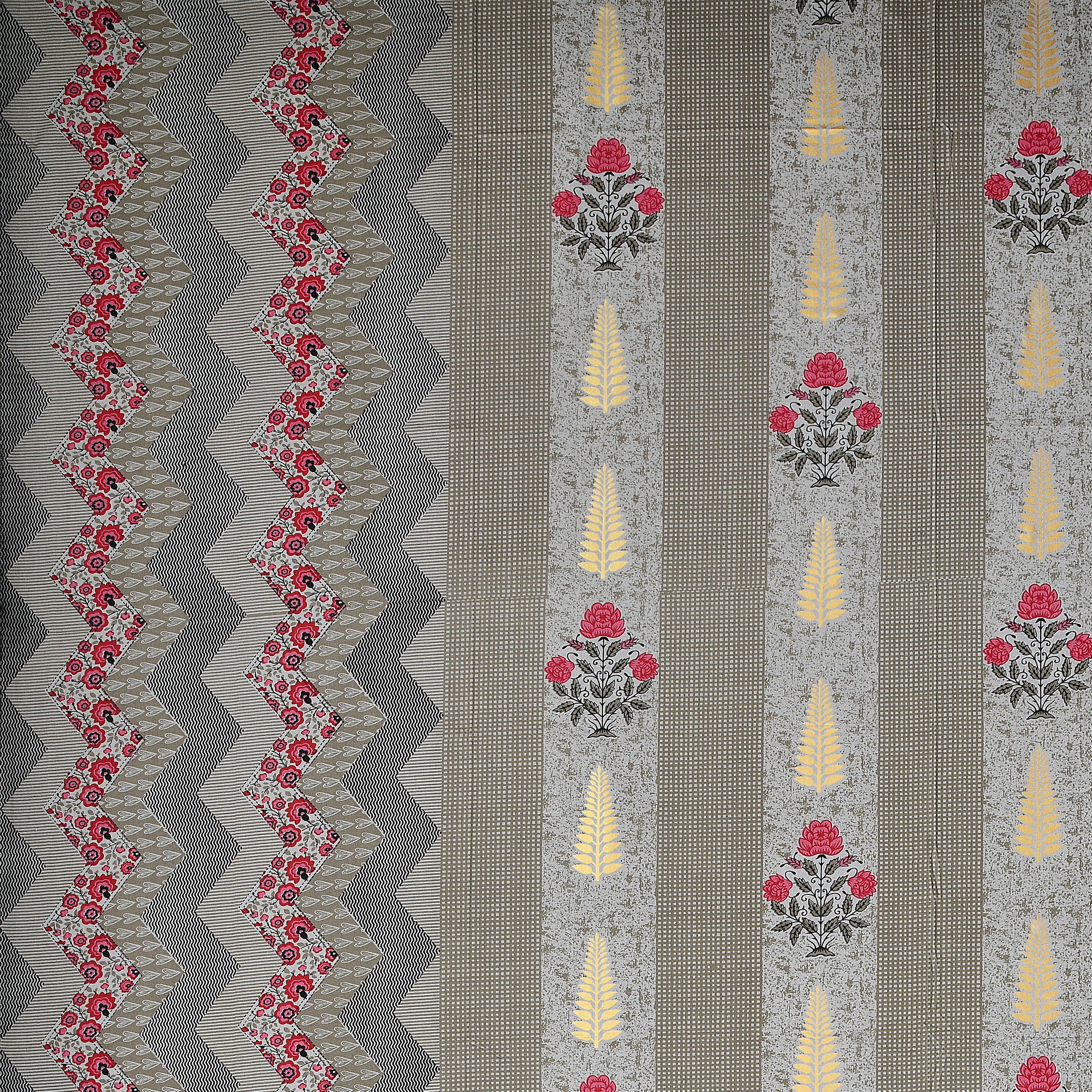 Grey Floral Jaipuri Print 100% Pure Cotton 240 TC King Size BEDSHEET with 2 Pillow Cover - 90X108