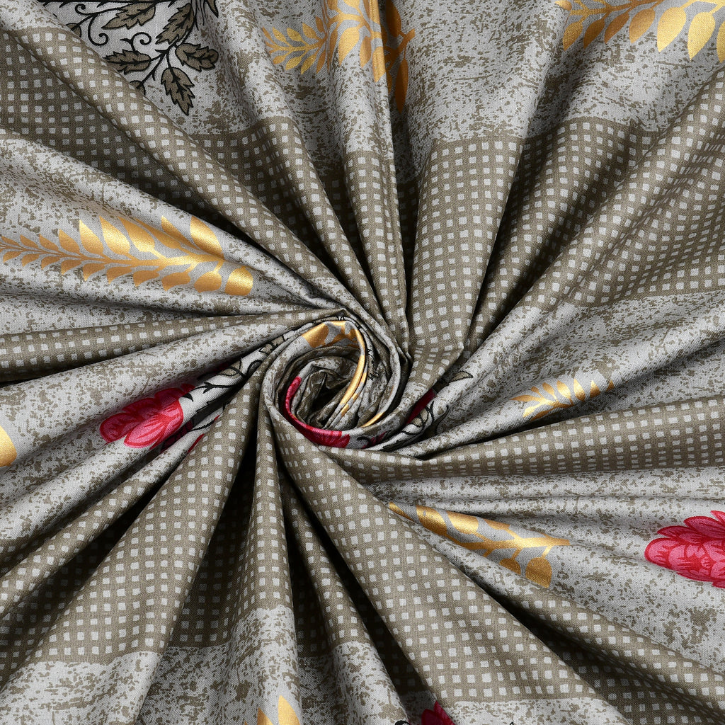 Grey Floral Jaipuri Print 100% Pure Cotton 240 TC King Size BEDSHEET with 2 Pillow Cover - 90X108