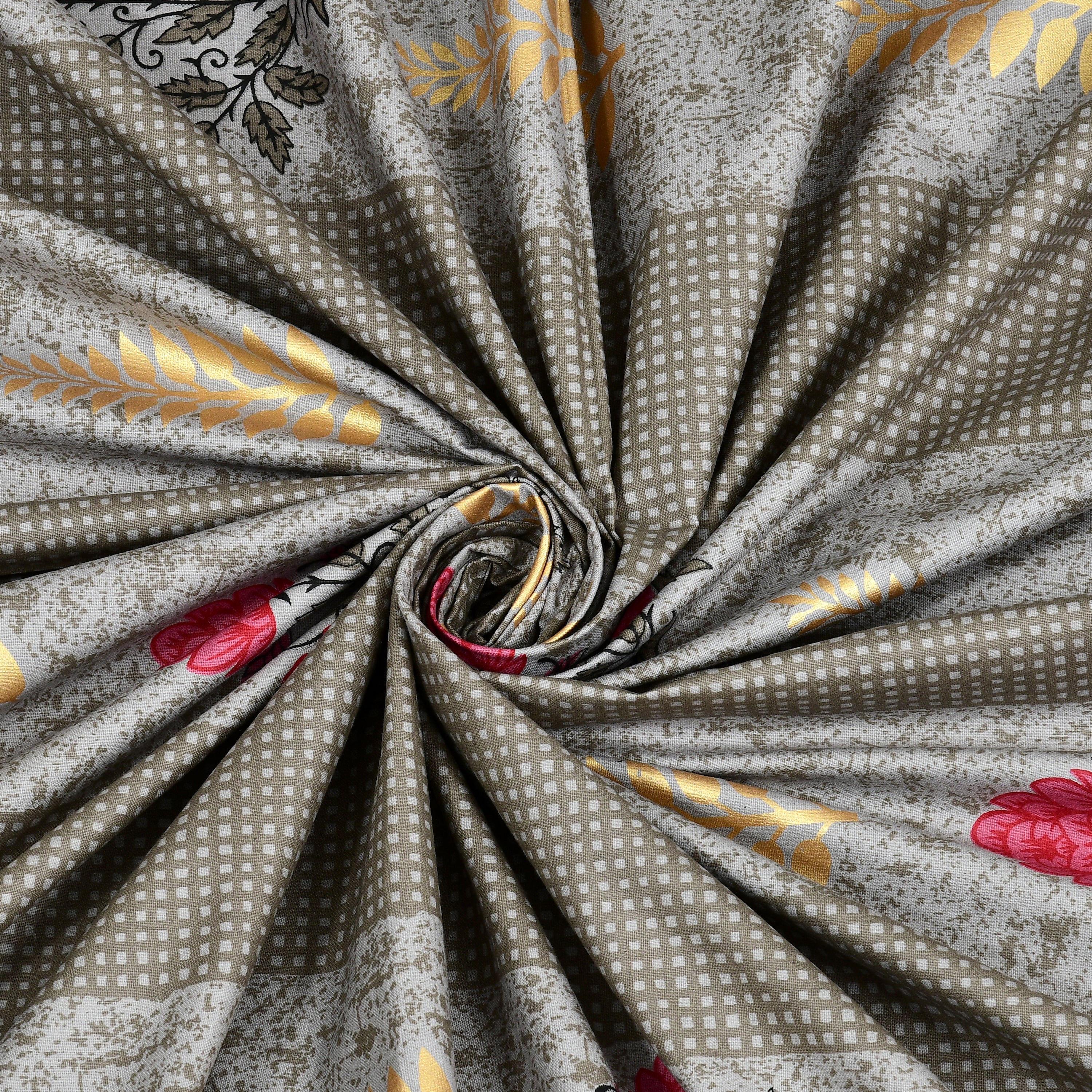 Grey Floral Jaipuri Print 100% Pure Cotton 240 TC King Size BEDSHEET with 2 Pillow Cover - 90X108