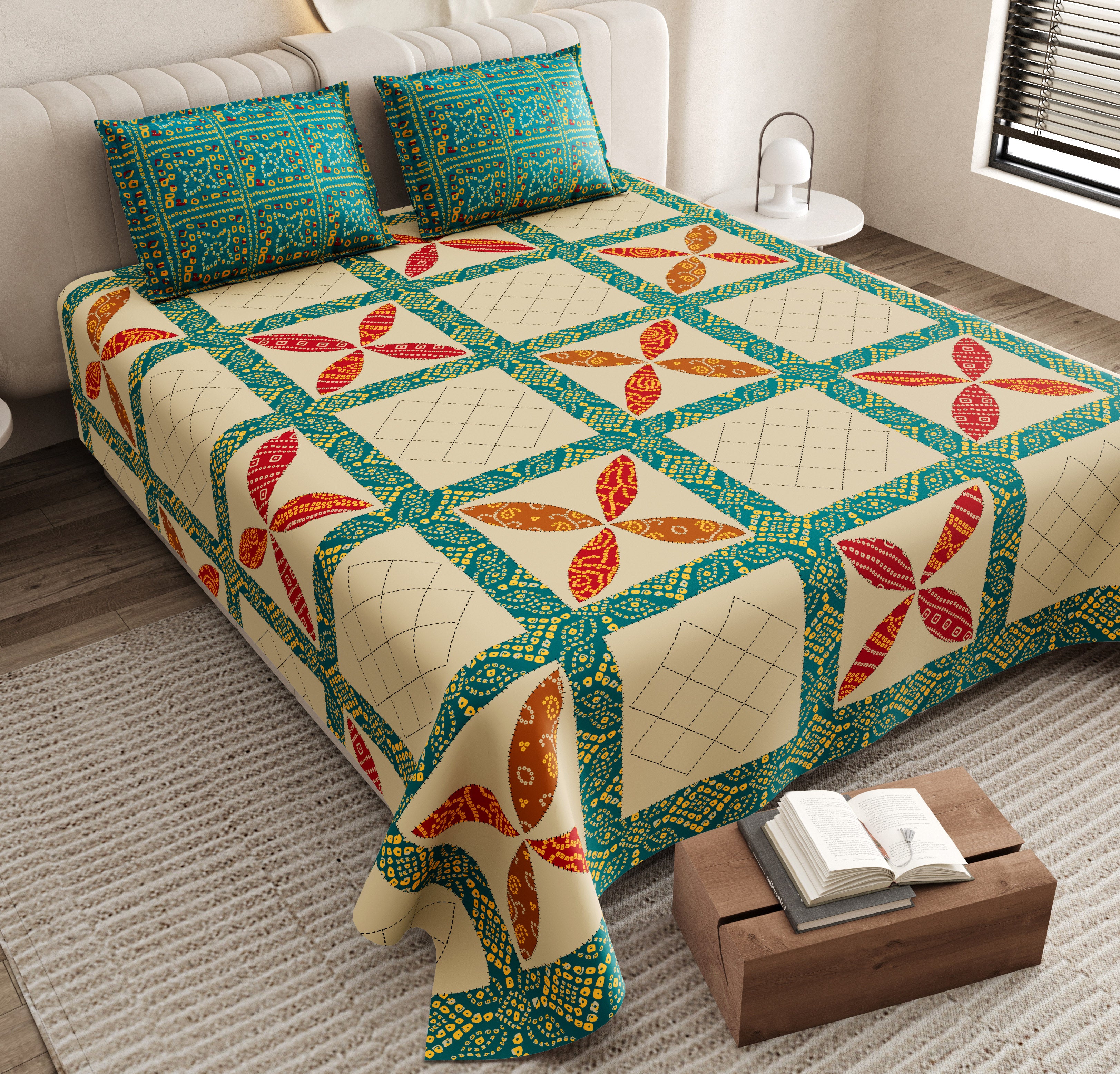 100% Pure Cotton Royal King Size Bedsheet with 2 Pillow Covers – Floral Jaipuri Bandhej Print, 108x108 Inches, Soft & Breathable Bed Sheet for Large Double Bed (Beige & Green) (Copy) (Copy)