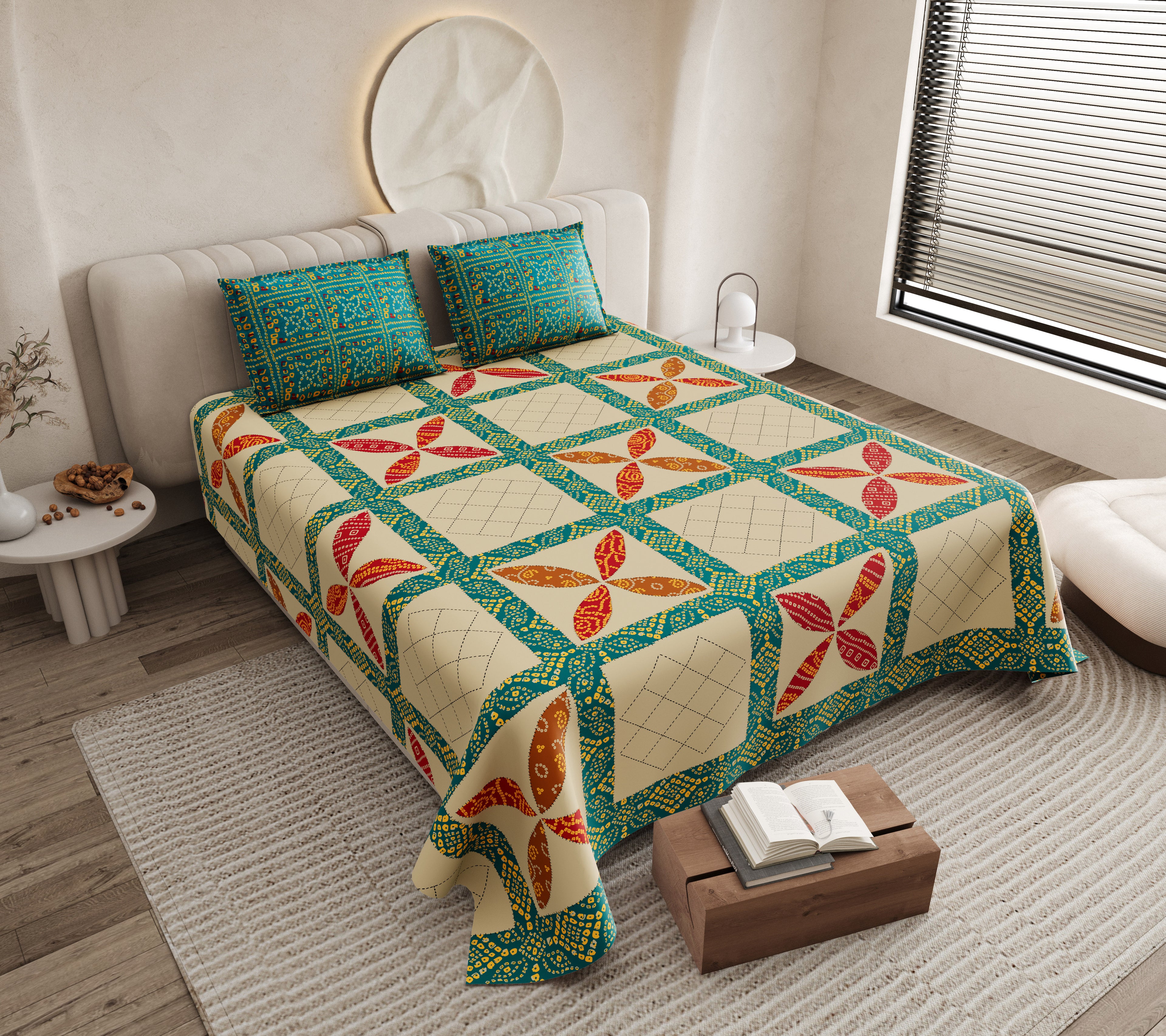 100% Pure Cotton Royal King Size Bedsheet with 2 Pillow Covers – Floral Jaipuri Bandhej Print, 108x108 Inches, Soft & Breathable Bed Sheet for Large Double Bed (Beige & Green) (Copy) (Copy)