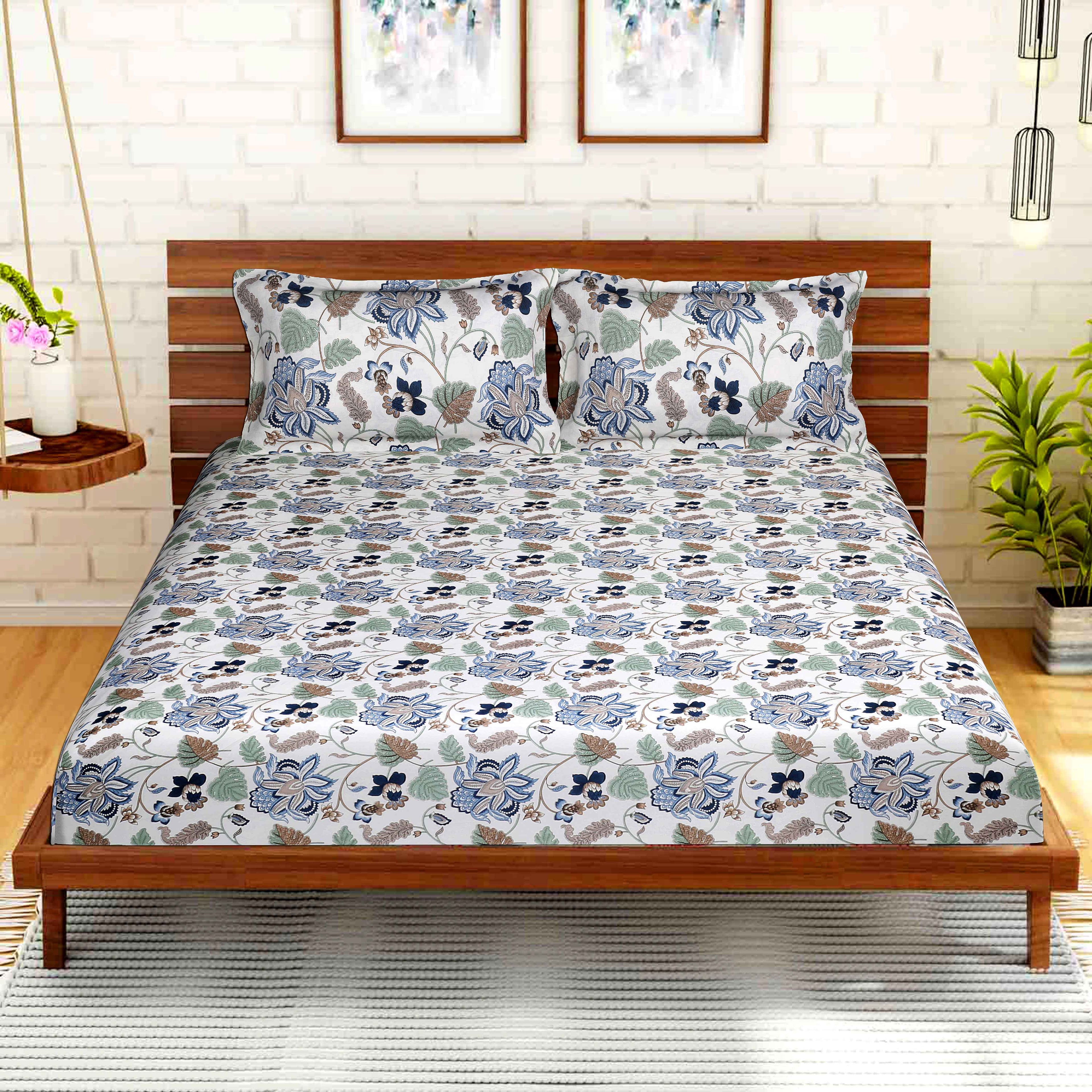 Regalia 100% Pure Cotton Royal King Size Bedsheet with 2 Pillow Covers – Nature Inspired Jaipuri Print, 108x108 Inches, Soft & Breathable Bed Sheet for Large Double Bed, Blue Flower