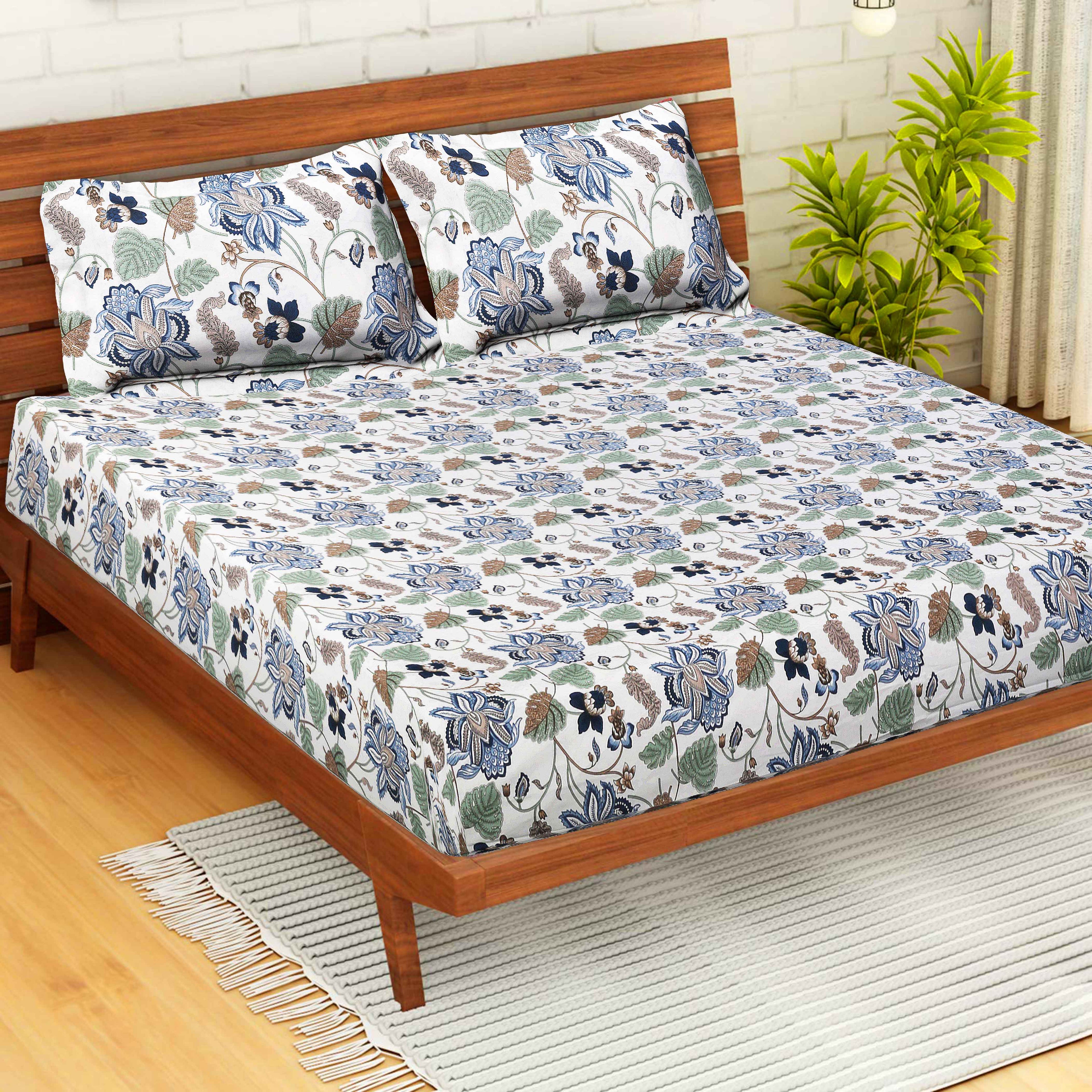 Regalia 100% Pure Cotton Royal King Size Bedsheet with 2 Pillow Covers – Nature Inspired Jaipuri Print, 108x108 Inches, Soft & Breathable Bed Sheet for Large Double Bed, Blue Flower