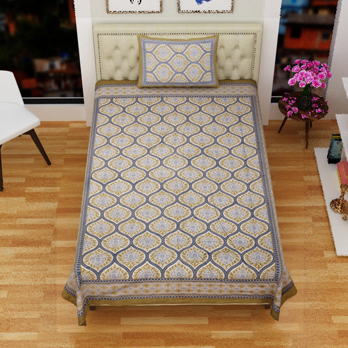 100% Pure Cotton 180 TC Large Size Single Bedsheet with 1 Pillow Cover – Pastel Blue | Jaipuri Print