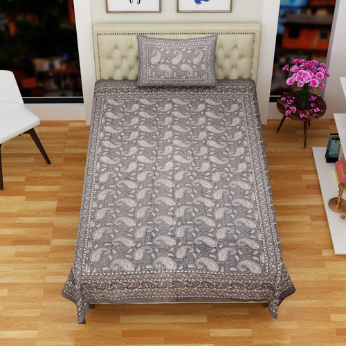 100% Pure Cotton 180 TC Large Size Single Bedsheet with 1 Pillow Cover – Grey Paisley | Jaipuri Print