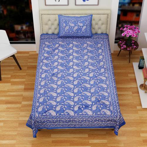 100% Pure Cotton 180 TC Large Size Single Bedsheet with 1 Pillow Cover – Blue Paisley | Jaipuri Print