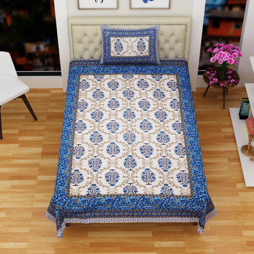 100% Pure Cotton 180 TC Large Size Single Bedsheet with 1 Pillow Cover – Blue Booty | Jaipuri Print