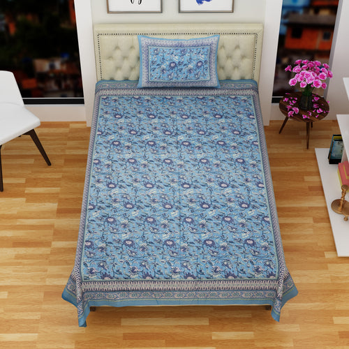 100% Pure Cotton 180 TC Large Size Single Bedsheet with 1 Pillow Cover – Light Blue Mughal Jaal  | Jaipuri Print